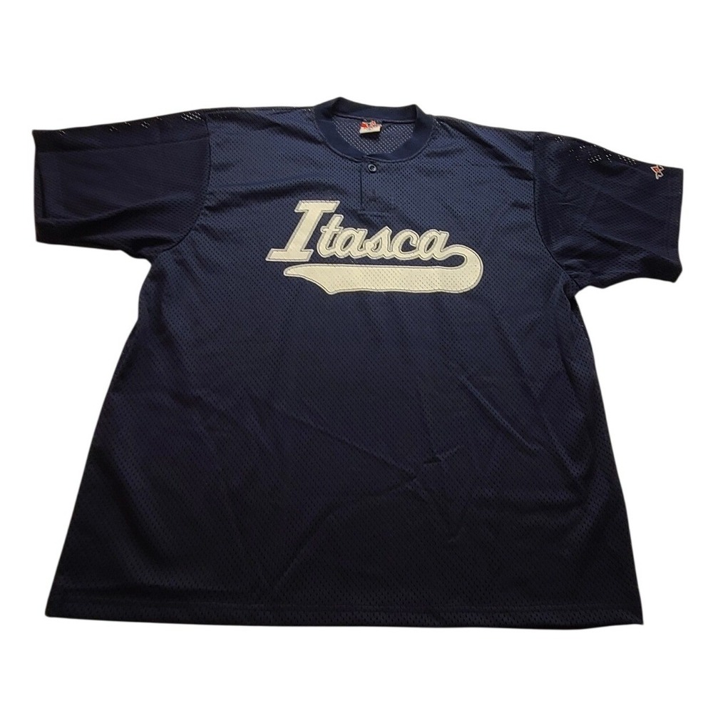 Alleson Athletic Itasca Baseball Jersey Navy Blue Mesh Henley Shirt Mens‎ XL